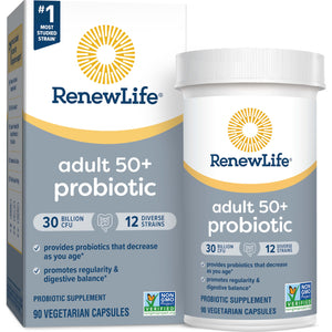 Dark Gray Renew Life Probiotic Adult 50 Plus Probiotic Capsules, Daily Supplement Supports Urinary, Digestive and Immune Health, L. Rhamnosus GG, Dairy, Soy and gluten-free, 30 Billion CFU, 90 Count