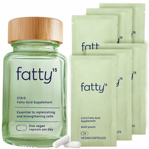 Gray Fatty15 C15:0 Pentadecanoic Acid Supplement The Longevity Nutrient - 180 Vegan Capsules - 3X Cellular Benefits of Fish Oil Omega 3 Supplements - Gut Health, Liver Support, & Mitochondrial Health