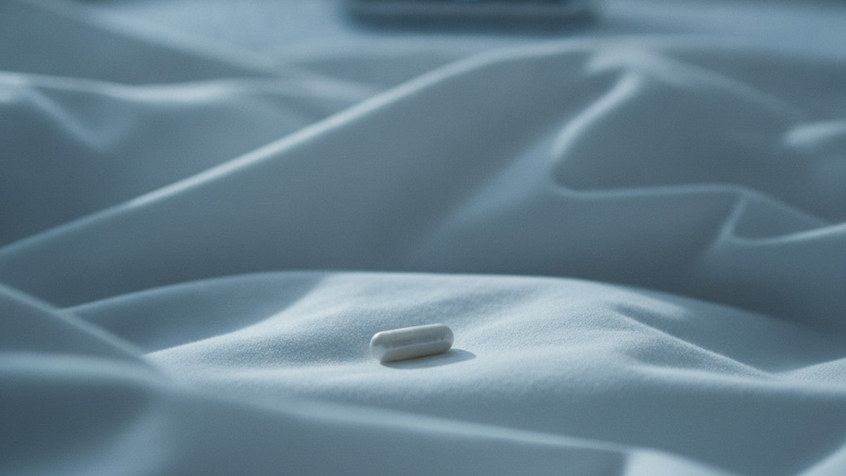 White 5-HTP capsule on pillow with alarm clock in background