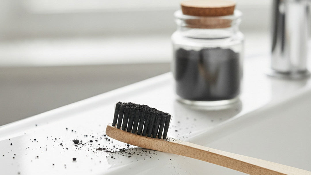 Toothbrush covered in black activated charcoal powder on white sink