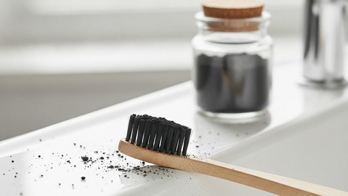 Toothbrush covered in black activated charcoal powder on white sink