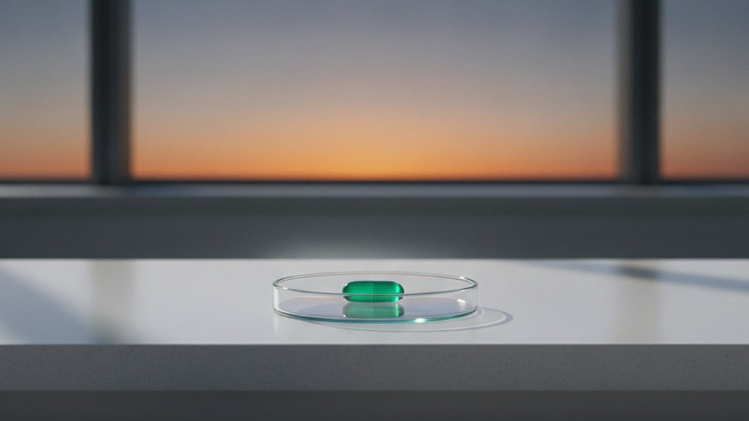 Green folate supplement capsule on white dish against sunset-to-twilight gradient background