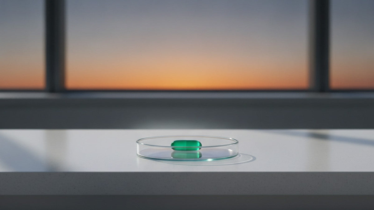 Green folate supplement capsule on white dish against sunset-to-twilight gradient background