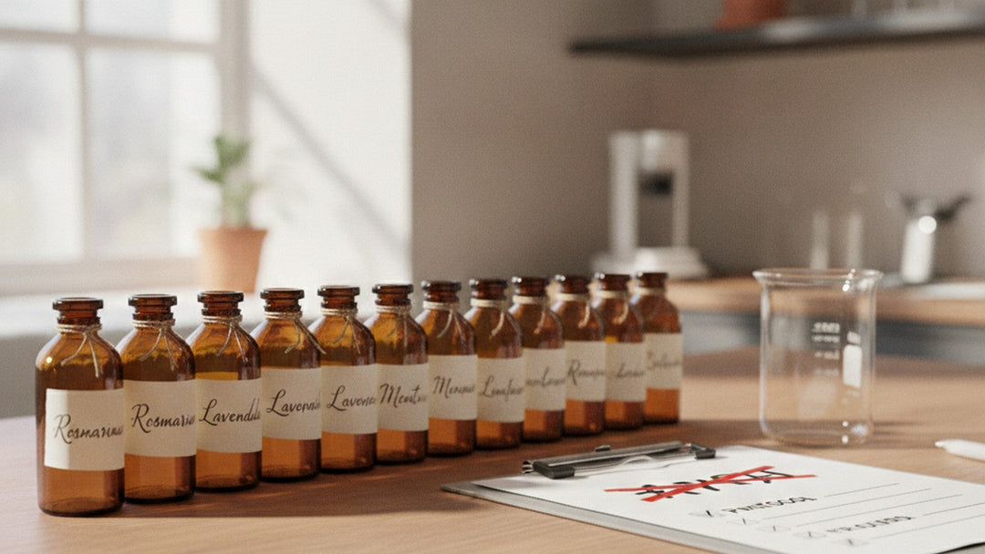 Laboratory bottles of individual herbs on a bench beside empty beaker