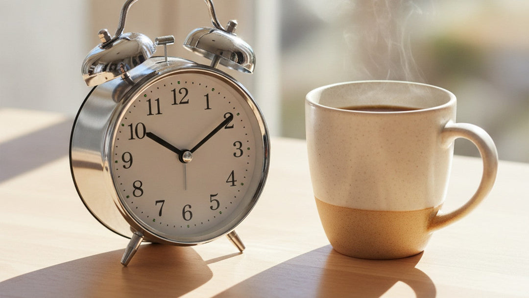 Alarm clock and coffee mug in afternoon light