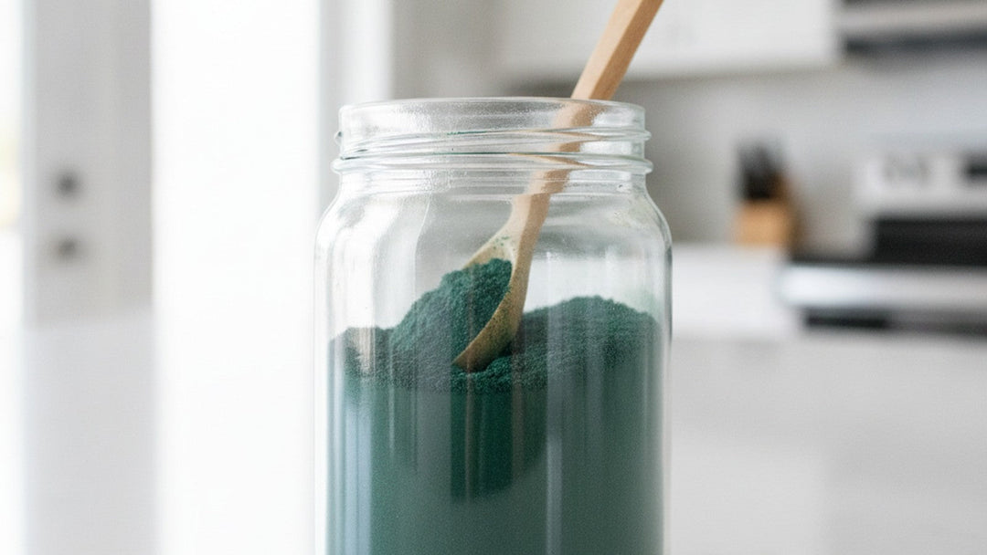 Blue-green algae powder in glass jar with wooden spoon on marble counter