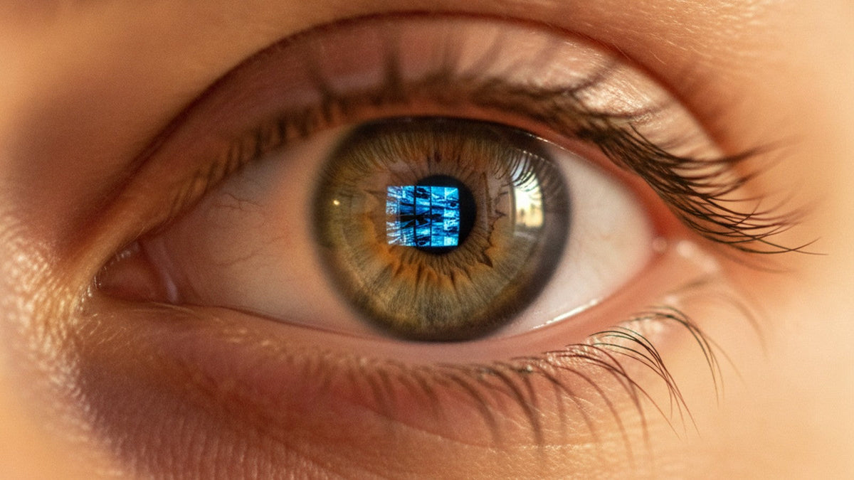 Human eye reflecting blue computer screen light