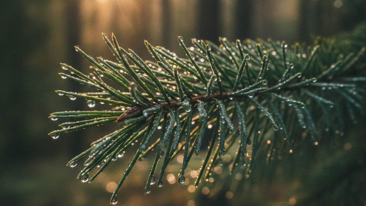 Fresh pine needles with water droplets in natural light