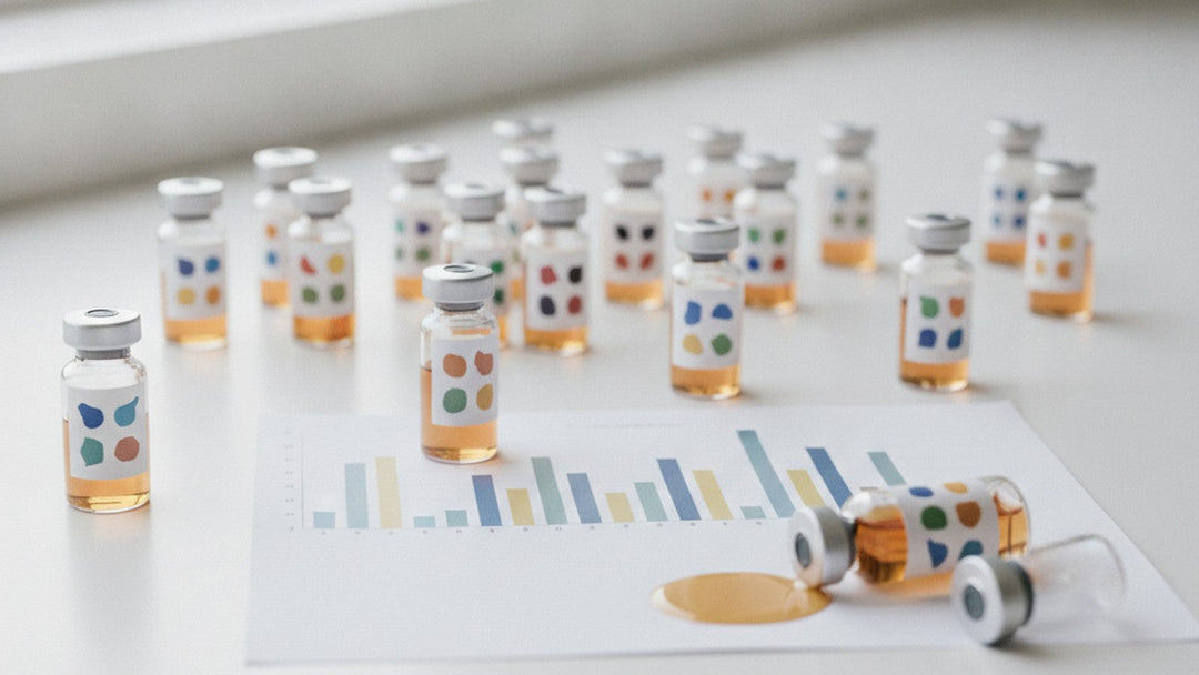 Laboratory vials labeled with amino acid codes beside a bar graph on white counter