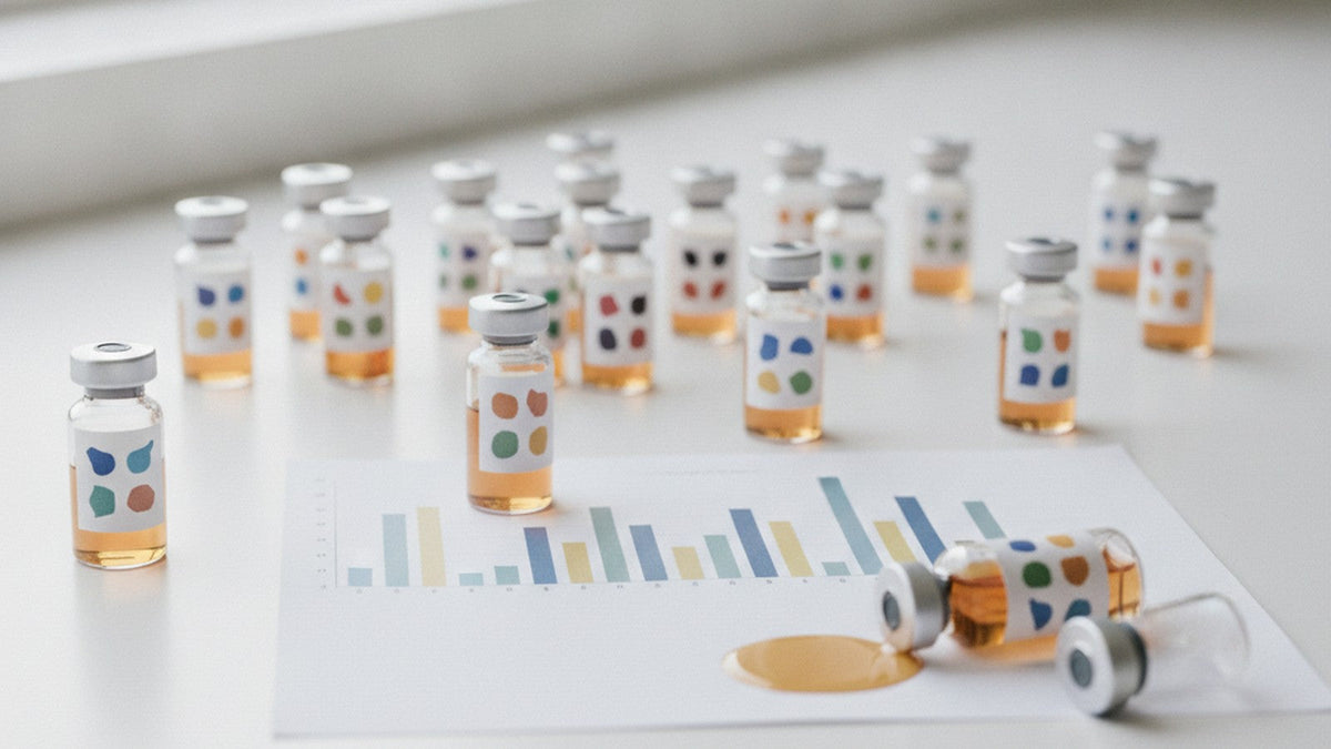 Laboratory vials labeled with amino acid codes beside a bar graph on white counter
