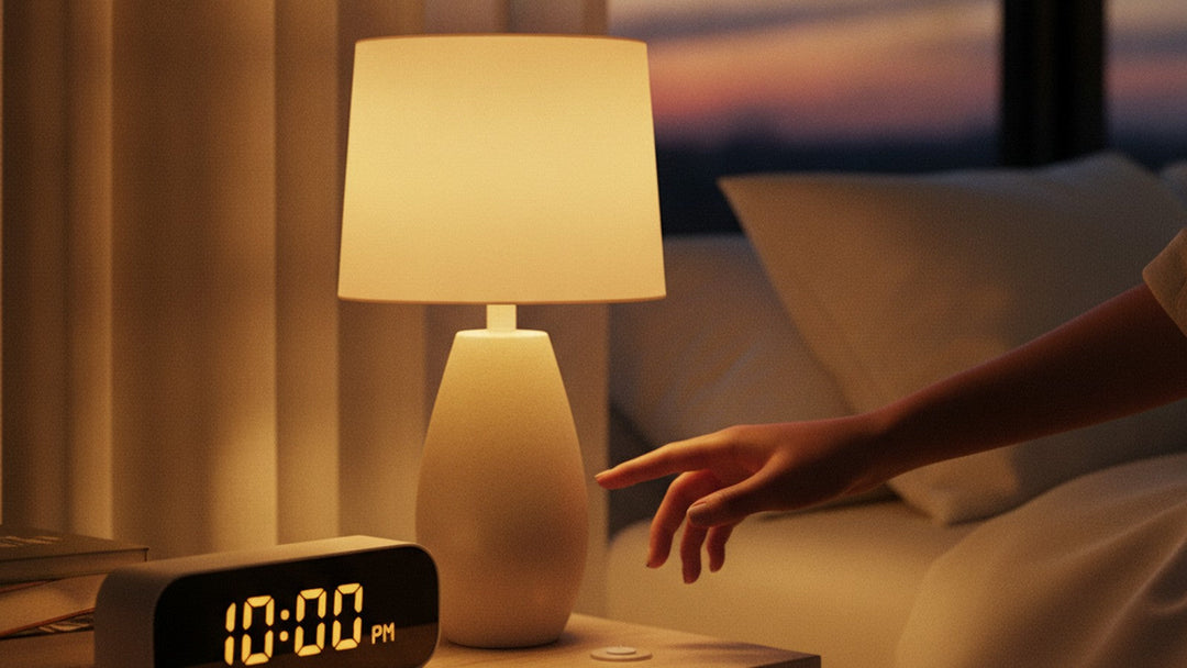 Bedside clock reading ten PM with hand reaching for lamp