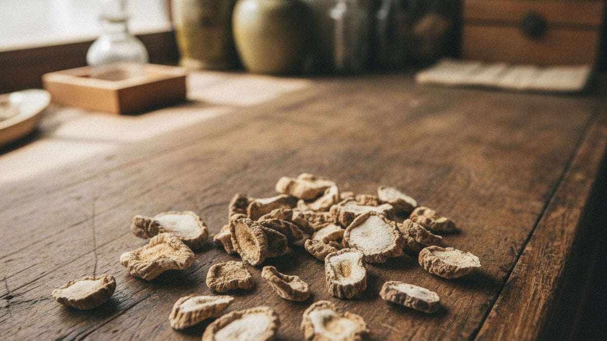 Dried angelica root pieces on wooden counter