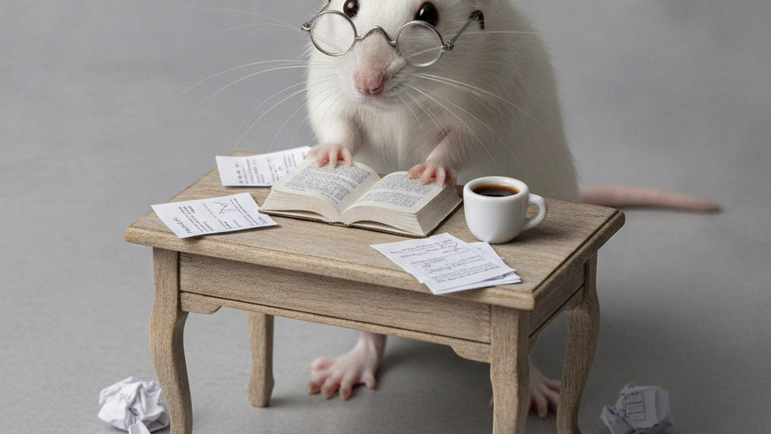 White laboratory rat wearing reading glasses at a tiny desk with papers