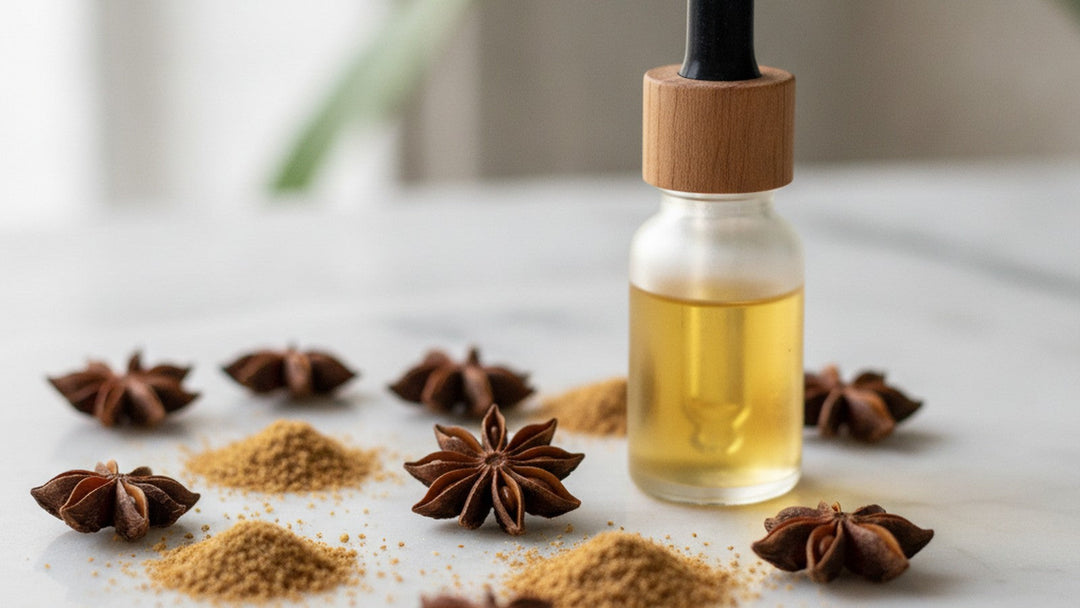 Star anise pods and anise seeds beside essential oil bottle