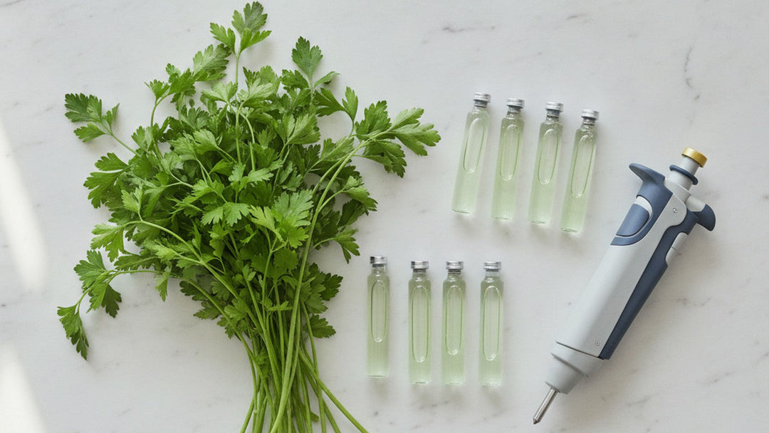 Fresh parsley bunches on laboratory bench with extraction vials
