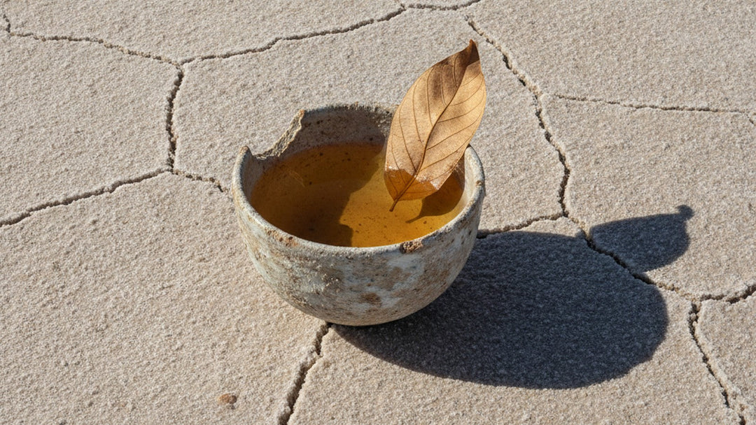 Tea bowl on salt flat with dogbane leaf