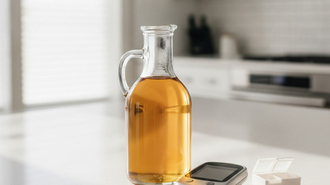 Apple cider vinegar in glass bottle next to blood glucose meter