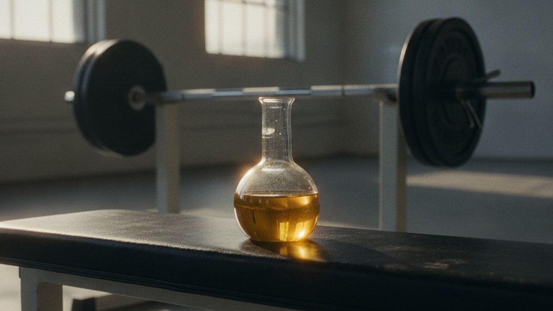 Laboratory flask of oil on gym weight bench