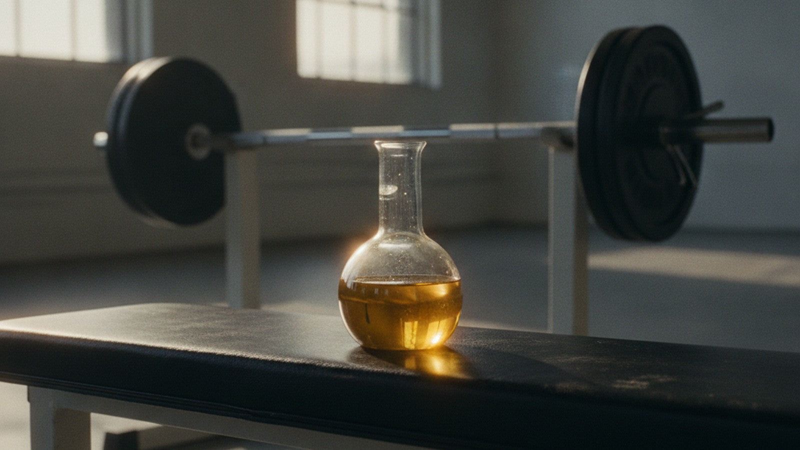 Laboratory flask of oil on gym weight bench