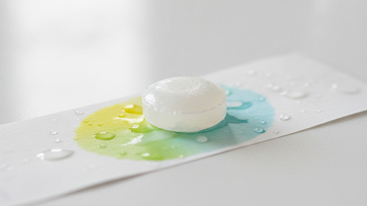 Lozenge dissolving on pH paper showing color change