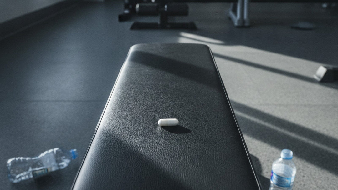 Single supplement capsule on gym bench with empty water bottle