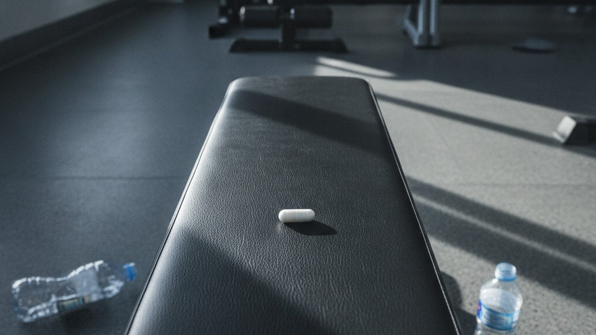 Single supplement capsule on gym bench with empty water bottle