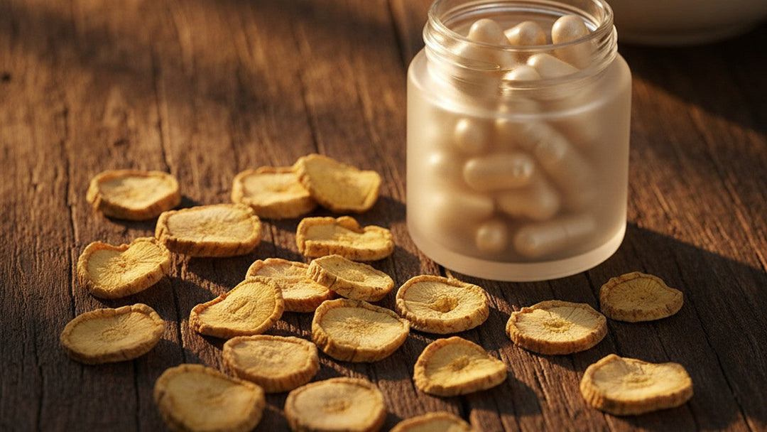Dried astragalus root slices next to supplement capsules on dark wood