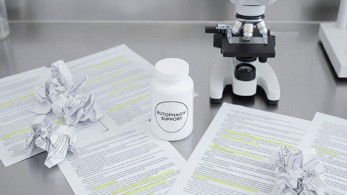 Supplement bottle on laboratory bench with research papers and microscope