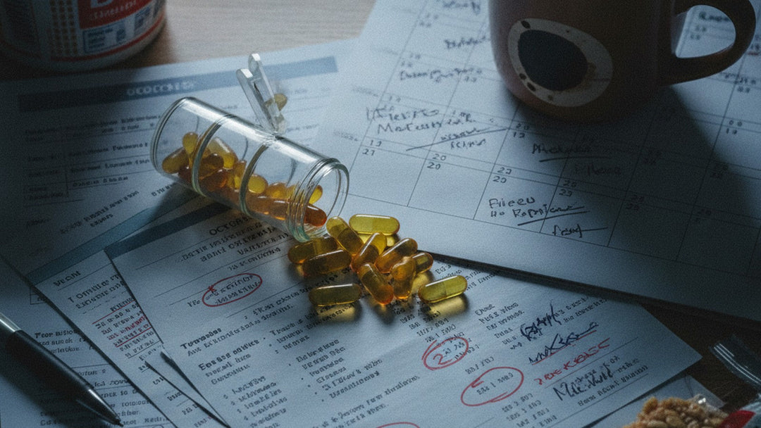 Spilled B-complex vitamins on cluttered desk with bills and coffee stains