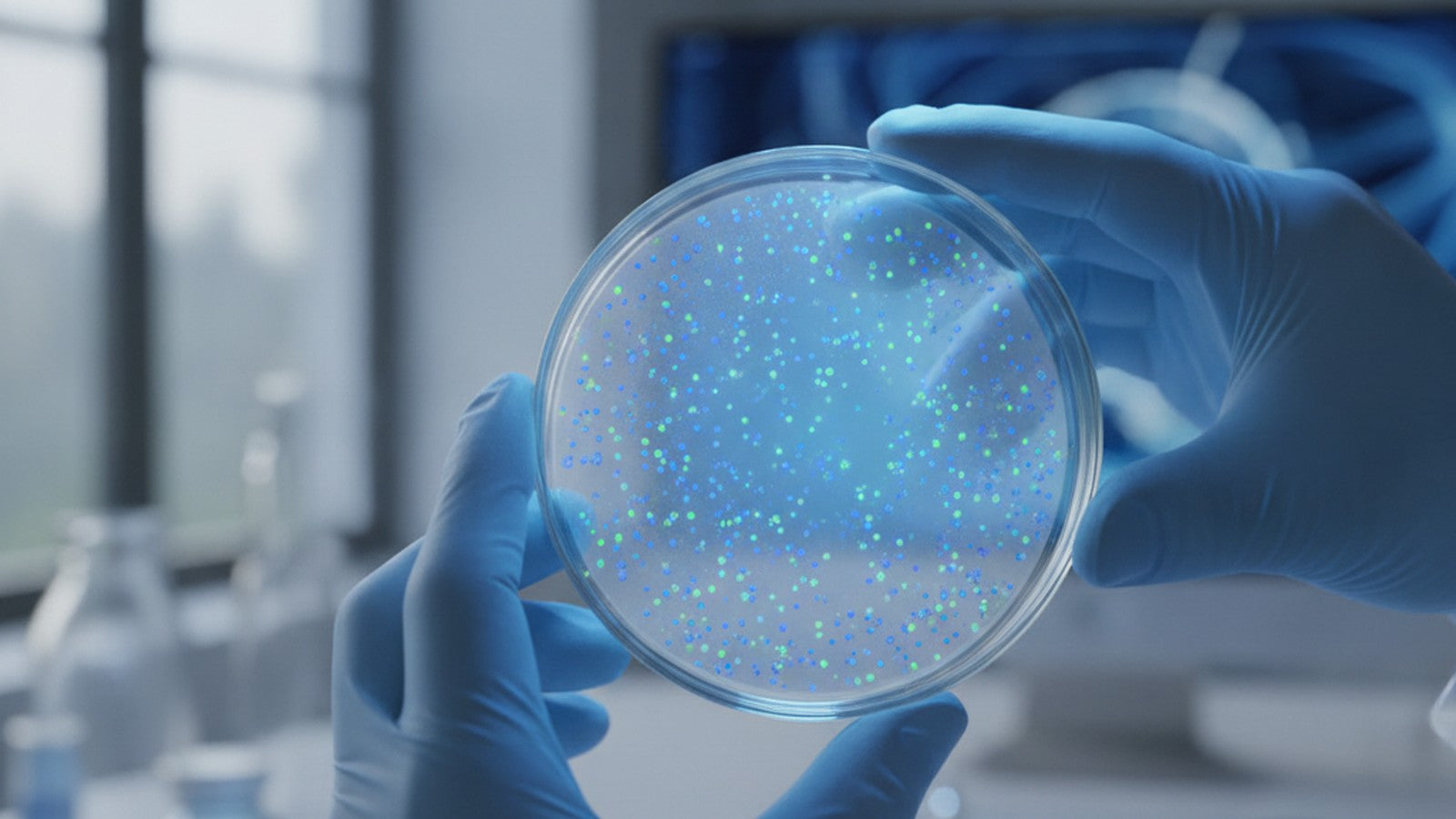 Researcher examining cultured cells under laboratory conditions