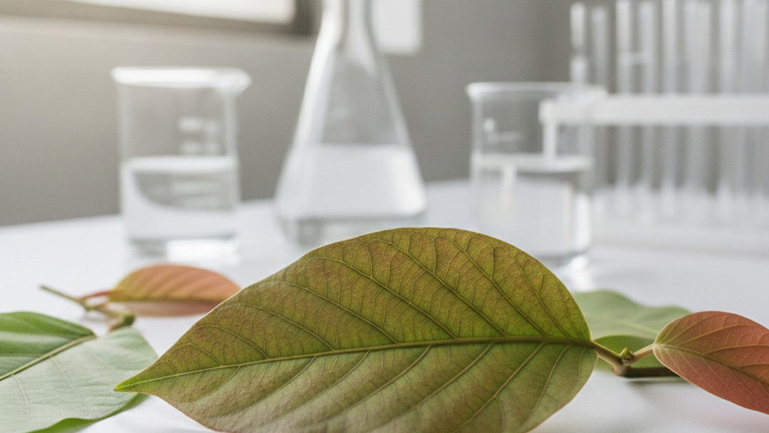 Fresh banaba leaves on laboratory bench with scientific equipment in background