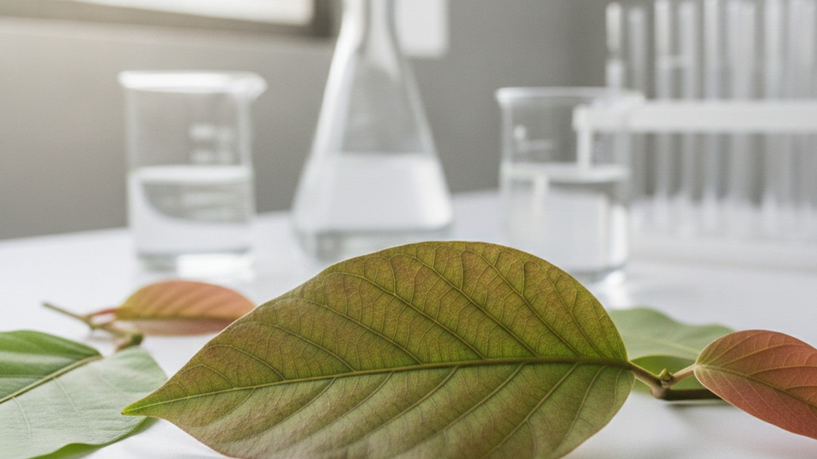 Fresh banaba leaves on laboratory bench with scientific equipment in background