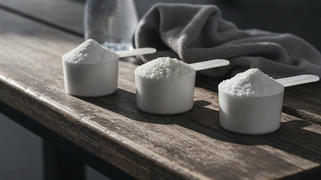 Three supplement powder scoops on gym bench with water bottle