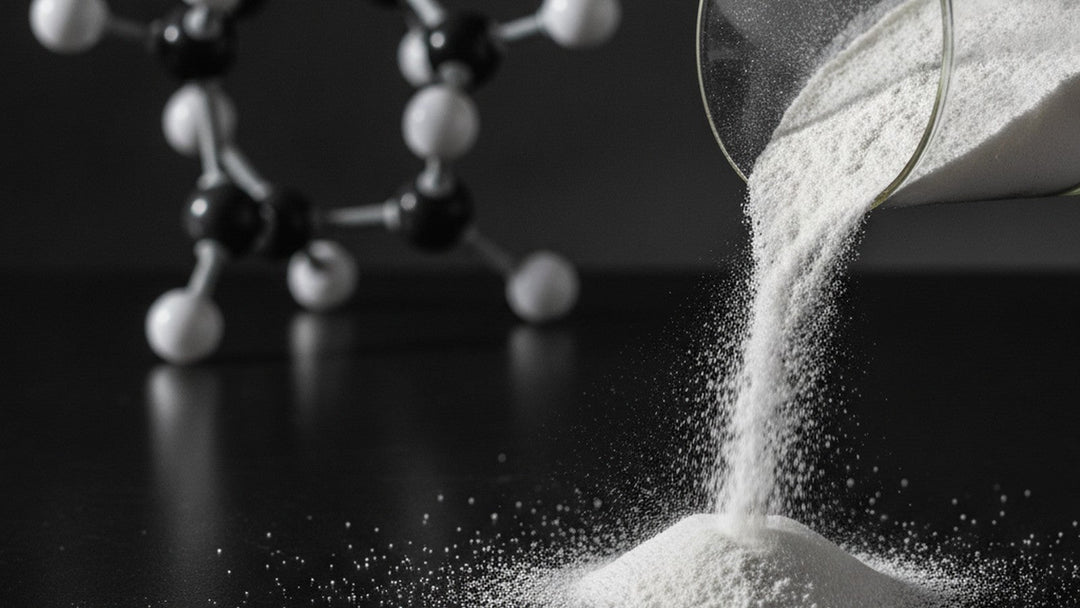 White supplement powder and molecular model on laboratory counter