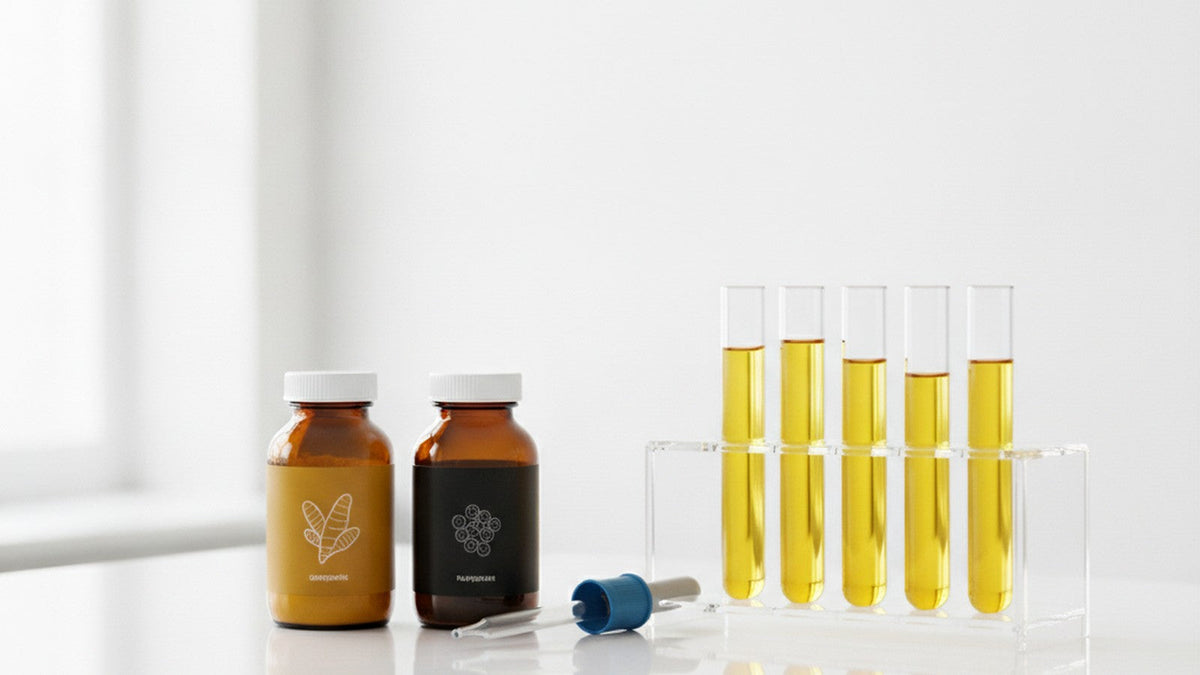 Turmeric and black pepper supplement bottles with laboratory test tubes