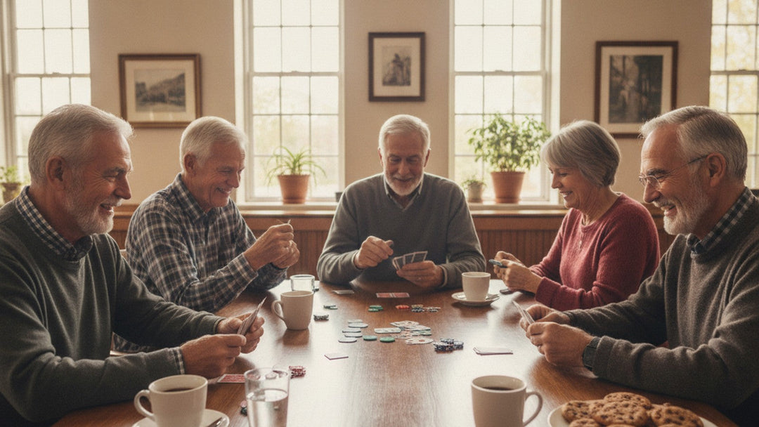 Older adults playing board games together at community center table