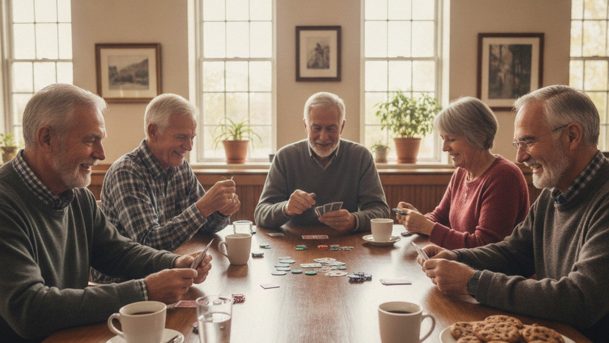 Older adults playing board games together at community center table