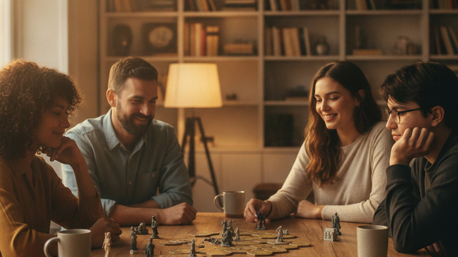 Adults playing a strategy board game at a wooden table in evening light