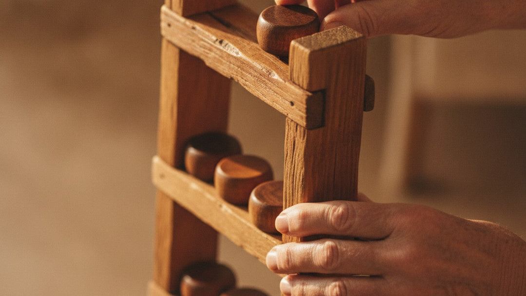 Hands placing game piece on board game ladder showing upward progression