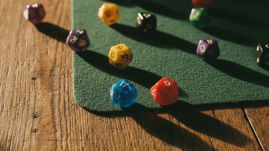 Colorful polyhedral dice mid-roll on a wooden gaming table