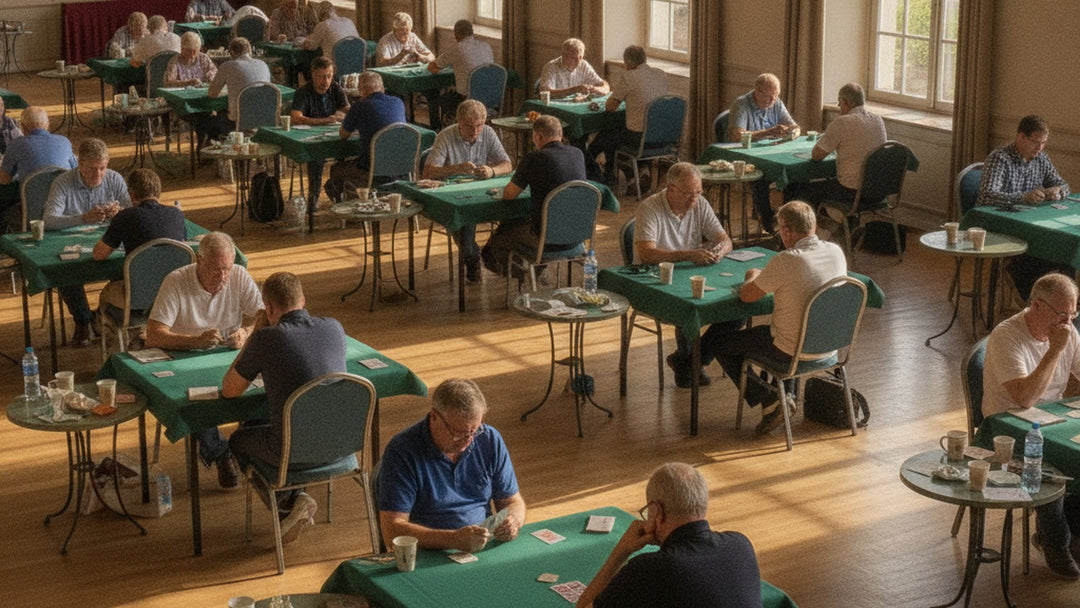 Bridge tournament room with many tables and players in afternoon light