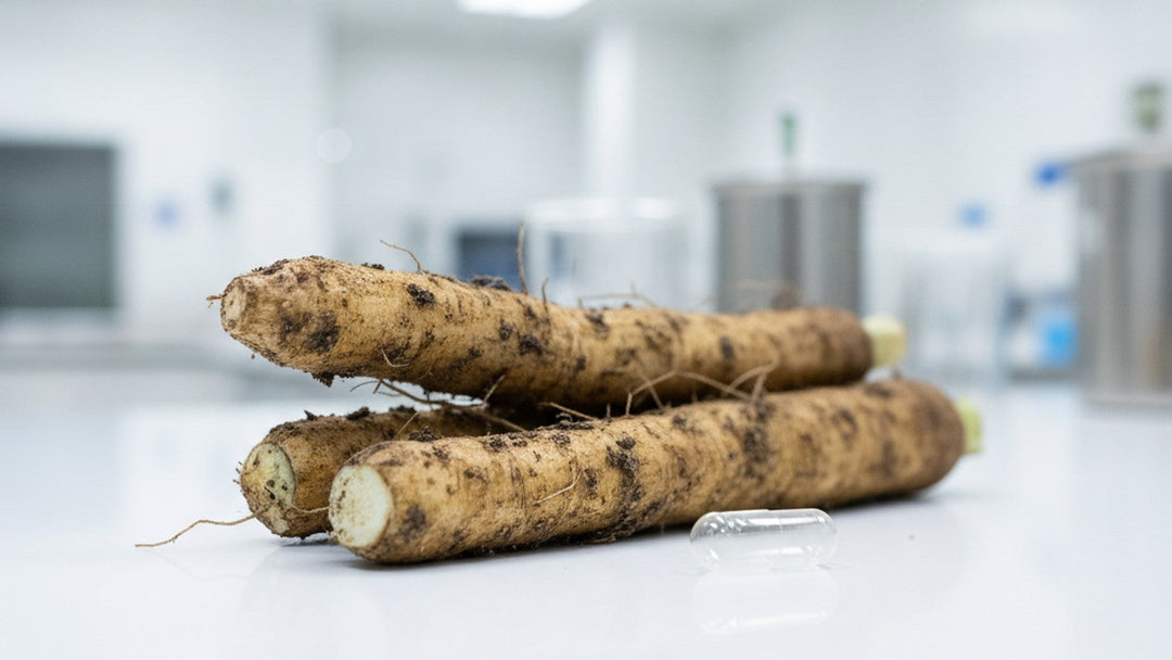 Burdock root and empty capsule on lab counter