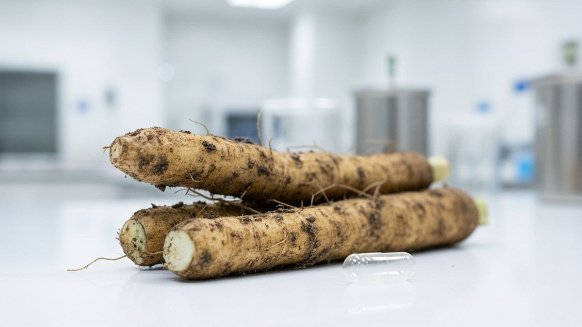 Burdock root and empty capsule on lab counter