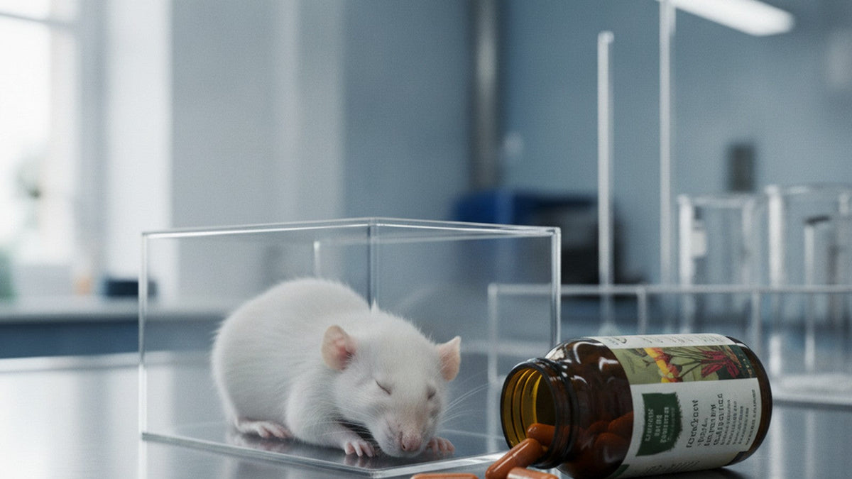 Laboratory rat near California poppy supplement bottle on research bench
