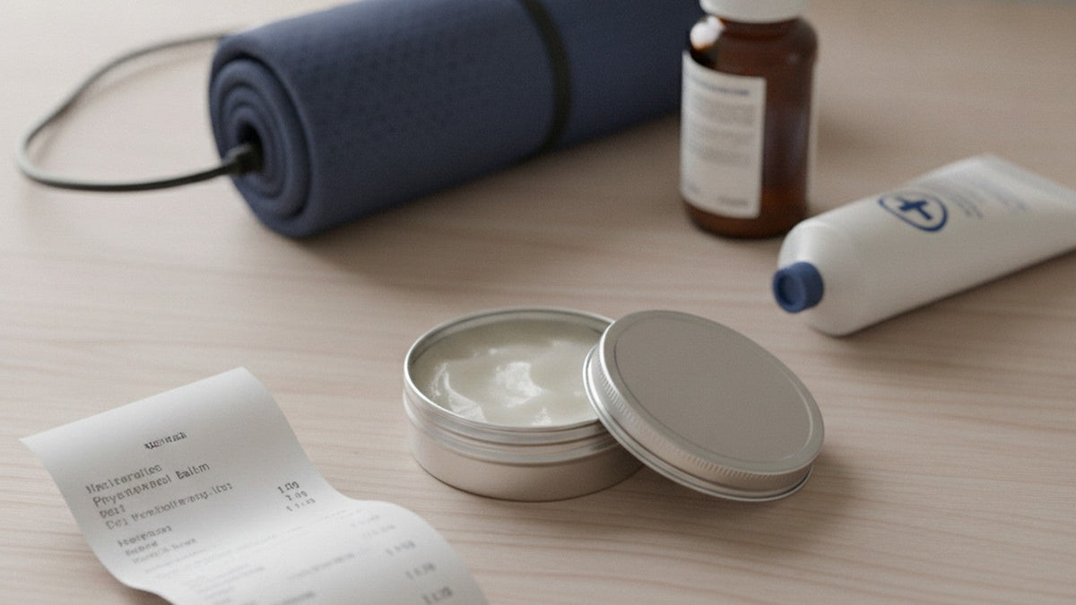 Open tin of camphor balm on bathroom counter with heating pad and medication