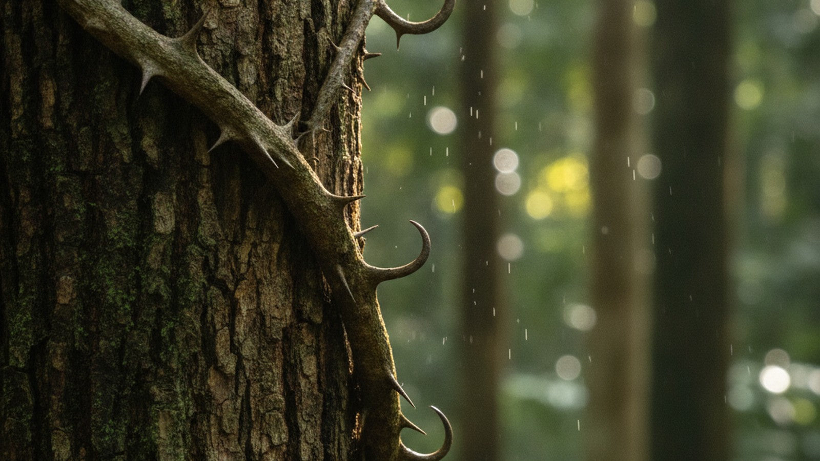Cat's claw vine with curved thorns on rainforest tree trunk