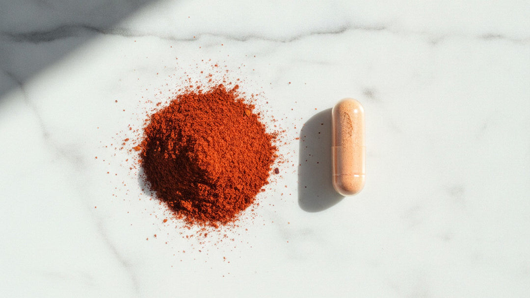 Bright red cayenne powder next to a pale capsule on marble