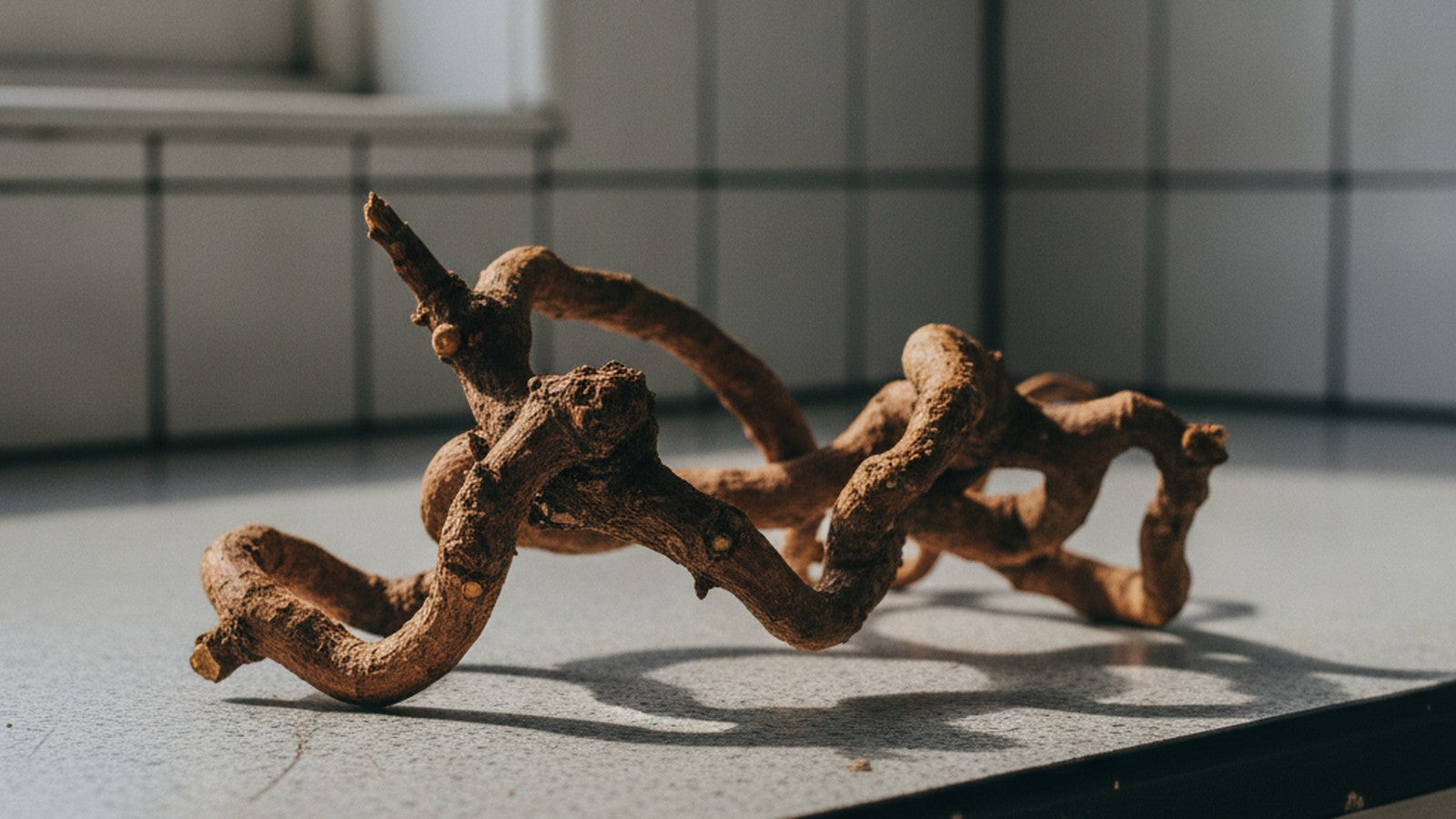 Tripterygium wilfordii root and stem on laboratory surface