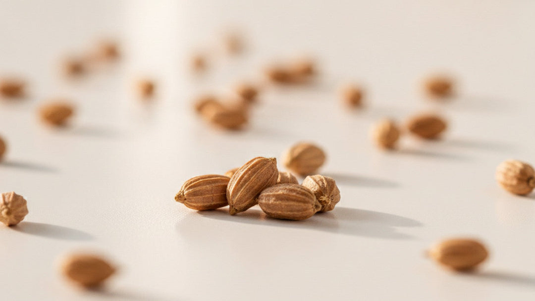 Dried celery seeds on white surface in closeup