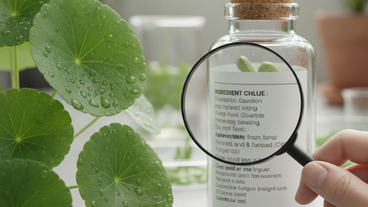 Fresh centella asiatica leaves beside supplement bottle with magnifying glass over label